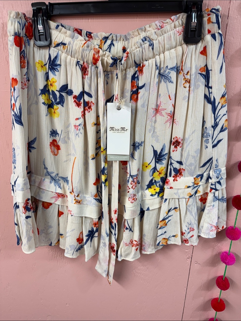 Miss Me Cream Floral Tiered Mini Skirt with Drawstring